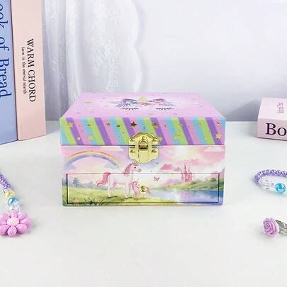 1pc Purple Pony Music Box, Small Capacity Jewelry Box With Unicorn & Rainbow Print, Rotating Carousel, Mirror And Drawer, Suitable For Birthday Gifts, Toys Collection, Valentine's Day, Mother's Day, Women's Day, Wedding, Daily Use