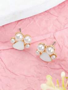 一对可爱猫爪造型仿珍珠镶嵌极简耳环，适合日常佩戴，甜美百搭 - 彩色 - 查看 6