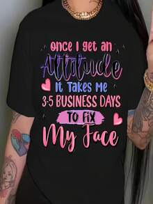 Women's Plus Size Casual T-Shirt With Once I Get An Attitude Print, Round Neck Short Sleeve Top For Casual Attire, Versatile Gift Item | Playful Graphic Tee | Comfortable Fit, Women's Spring & Fall Top For Daily Wear - 黑色 - 查看 1