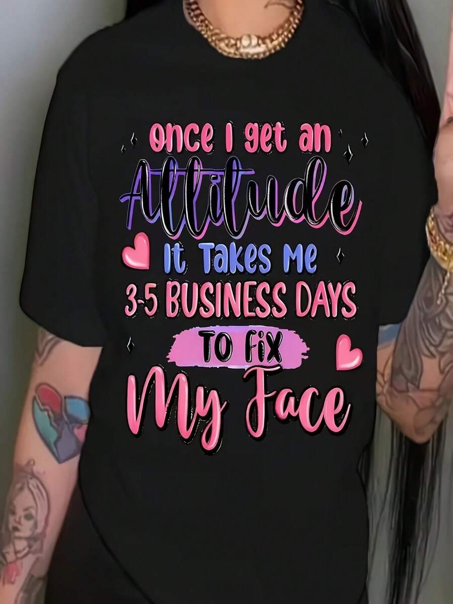 Women's Plus Size Casual T-Shirt With Once I Get An Attitude Print, Round Neck Short Sleeve Top For Casual Attire, Versatile Gift Item | Playful Graphic Tee | Comfortable Fit, Women's Spring & Fall Top For Daily Wear - 黑色 - 查看 1