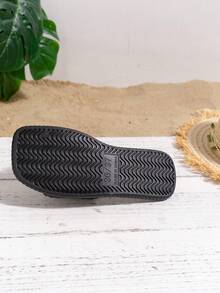 Sandalias planas casuales minimalistas tejidas tipo slip-on para niñas, de estilo vacacional cómodo y suave con punta abierta - Negro - Ver 6