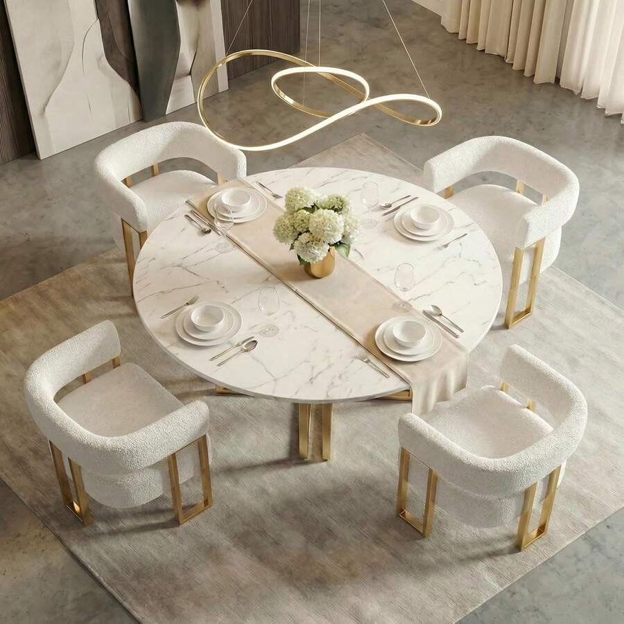 Modern White Boucle Dining Chairs Set Of 4 With Gold Metal Legs, Mid Century Barrel Kitchen Chairs Set, Upholstered Accent Armchairs Dining Room Table Set, Living Room, Apartment (White, 4pcs) - 白色 - 查看 1