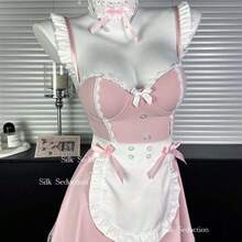 Playfully Seductive Maid Nightie With Padded Bust Design & Adjustable Thin Straps, Offering A "Pure Desire" Aesthetic With Enhanced Support For Romantic Honeymoon Roleplay, Valentine's Dates & Intimate Evenings. - 粉紅色[髮帶+頸環+洋裝+圍裙+T卹褲] - 查看 6