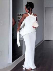 New Women's Clothing Neck Halter Elegant Pure White Elegant Dress - trắng - Xem 1