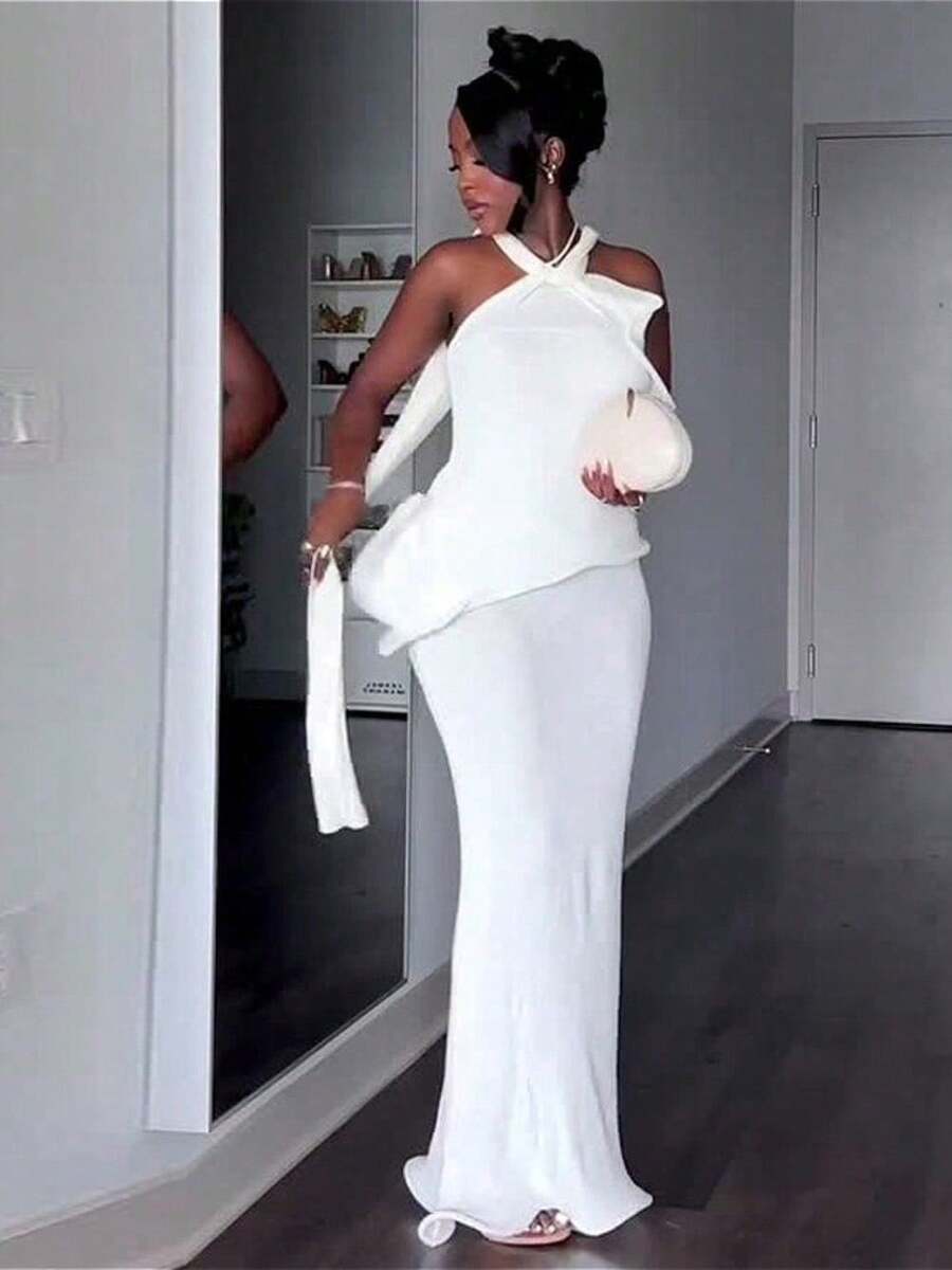 New Women's Clothing Neck Halter Elegant Pure White Elegant Dress - trắng - Xem 1