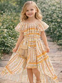 Conjunto informal de blusa con volantes y hombros descubiertos, y falda con estampado floral y dobladillo asimétrico, para niñas, para verano - Amarillo - Ver 3