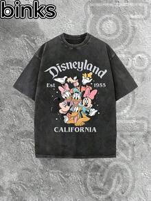 Disney Binks Mickey Mouse, Donald Duck, And Daisy Duck Family Retro Elements Cartoon Printed Retro Hole Washed Short Sleeve T-Shirt, High Street Fashion Brand Loose Short Sleeve T-Shirt. Spring And Summer Fashionable Versatile Top, Holiday Gift, Vintage Print. - màu đen - Xem 2