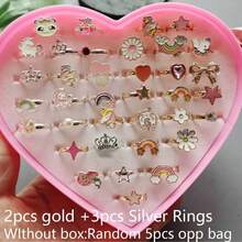 Set de 5 anillos de aleación de tono plateado/dorado de moda para niñas, regalo de joyería infantil, anillos ajustables, entrega aleatoria (sin caja) - Gris Oscuro - Ver 4