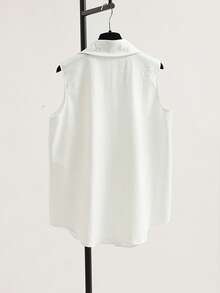 女士优雅白色无袖衬衫，纽扣前襟，衬衫领，常规长度涤纶衬衫 - 白色 - 查看 3