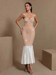 Pearl Patchwork Sexy Backless Mesh & Rhinestone Embellished Evening Gown, Suitable For Party, Date Night, Cocktail, Wedding Guest, Valentine's Day - White - View 5