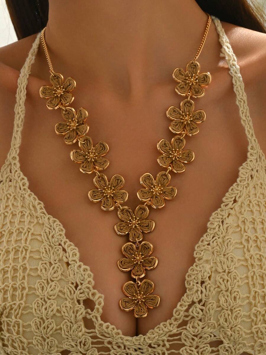 1pc Bohemian Style Handmade Woven Raffia 3D Five-Petal Flower Pendant Y-Shaped Necklace, Fashionable Personalized Handcrafted Raffia Flower Splice Long Necklace Suitable For Women's Daily, Beach, Party Wear (Handmade, May Have Slight Glue Residue, Please Understand) - Brown - View 1