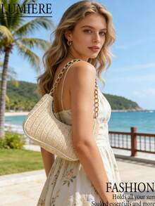 Fashionable Solid Color Woven Moon Shaped Women's Bag With Metal Chain Strap. Can Be Used As A Handbag, Shoulder Bag, Tote, Beach Bag, Or Casual Cell Phone Bag. A True Summer Essential & Travel Must-Have, Perfect For Vacation, Holiday, And Daily Use. Also Makes A Wonderfully Versatile And Stylish Gift For Valentine's Day Or Birthdays - 彩色 - 查看 2