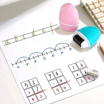 1 pieza Sello corrector de matemáticas, borrador de un solo clic, salvador de práctica de matemáticas, eficiente y portátil, ejercicio de matemáticas, escritura de cartas, estampado fácil, ahorro de tiempo y diversión, esencial para padres que dan tutoría y tareas, corrige y genera ejercicios al instante, con secciones con cuadrícula, doble línea y numeradas, regalo de vuelta a clases