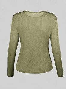 Y2K Elastic Sheer Long Sleeve Crew Neck Fitted T-Shirt Top - Army Green - View 6