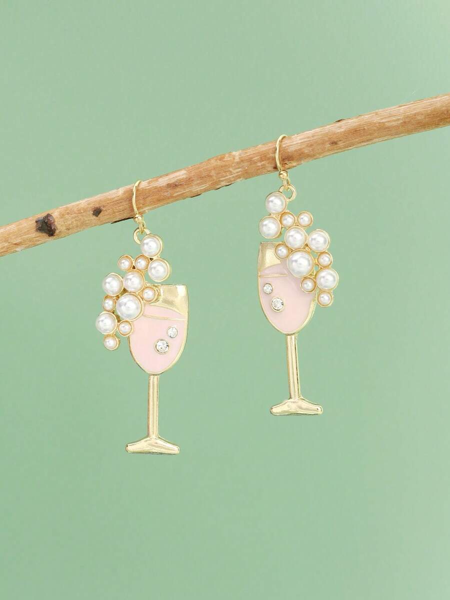1 Pair Fashionable & Cute Wine Glass Shaped Earrings, Popular Earring Design, Suitable As Gift For Friends Or Daily Wear - Gold - View 1