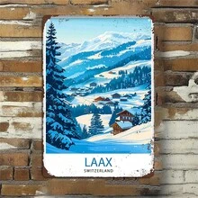 1 Piece Vintage Swiss Alps Metal Wall Decor Sign - LAAX Swiss Resort Map With Matterhorn-Like Mountains, Log Cabins, And Pine Trees - Vintage Travel Poster Suitable For Home, Bar, Office - Pre-Drilled Holes (11.8"X7.8"/30x20cm), 2D Flat, Perfect For Room Decoration - Multiple - View 10