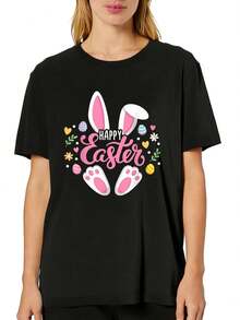 Plus Size Women's Happy Easter Bunny Easter Egg Hunt Squad Easter Family Graphic Casual Shortsleeve Crew Neck Top, Relaxed Fit Crew Neck Plus Size Tee, Comfortable Fit For Spring And Summer, Women's Tshirt, Machine Washable Tshirt, Comfortable Fit - 黑色 - 查看 1