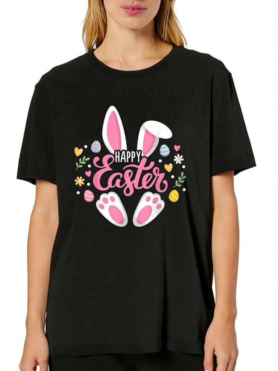 Plus Size Women's Happy Easter Bunny Easter Egg Hunt Squad Easter Family Graphic Casual Shortsleeve Crew Neck Top, Relaxed Fit Crew Neck Plus Size Tee, Comfortable Fit For Spring And Summer, Women's Tshirt, Machine Washable Tshirt, Comfortable Fit - 黑色 - 查看 1