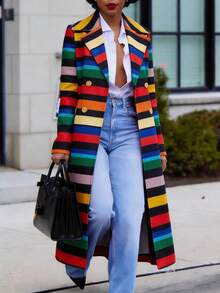 Valentine's Day, Date Night Outfit, Gifts For Her GLOURI Women's Rainbow Striped Trench Winter Long Coat - Double Breasted With Belted  & Statement Long Sleeves | Oversized Multicolor Outerwear For Christmas, Art Festivals, Fall Winter & Street Style - Stripe - 查看 1