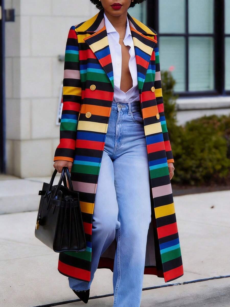 Valentine's Day, Date Night Outfit, Gifts For Her GLOURI Women's Rainbow Striped Trench Winter Long Coat - Double Breasted With Belted  & Statement Long Sleeves | Oversized Multicolor Outerwear For Christmas, Art Festivals, Fall Winter & Street Style - Stripe - 查看 1