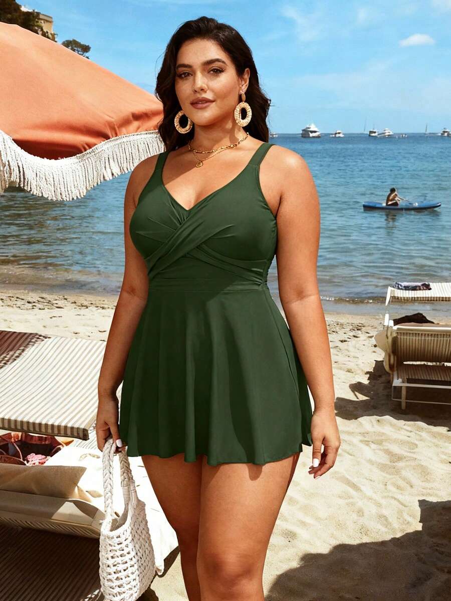 2026 Chic Olive Green Plus Size Swim Dress - Cross V-Neck, Flared Silhouette, Effortless Resort-Level Beach Style - 墨綠色 - 查看 1