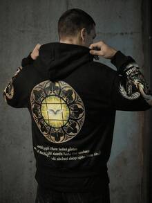Mens Fashion Versatile Zip Up Hoodie With Virgin Mary Graphic And Letter Print Design Stylish Outerwear Perfect Gift Choice For Loved Ones Family And Friends, Back To School Outfits,Graduation,Teacher Outfits For Women,Back To School - 黑色 - 查看 4