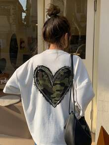 女士休闲宽松圆领百搭迷彩爱心印花短袖T恤，夏季 - 淺花灰 - 查看 2