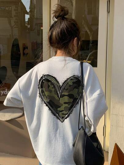 Women's Casual Loose Round Neck Versatile Camouflage Love Heart Print Short Sleeve T-Shirt, Summer