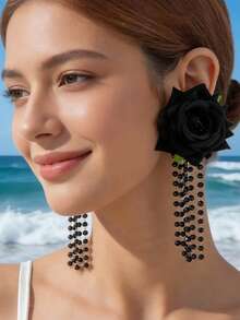 imoli 1 对复古优雅涤纶 3D 面料玫瑰花元素红色流苏仿珍珠时尚耳环，适合女士，适合派对、约会、礼物（手工链条按尺寸切割，珠子和珍珠数量各不相同，长度可能不同） - 27531-ear-black-EP - 查看 17