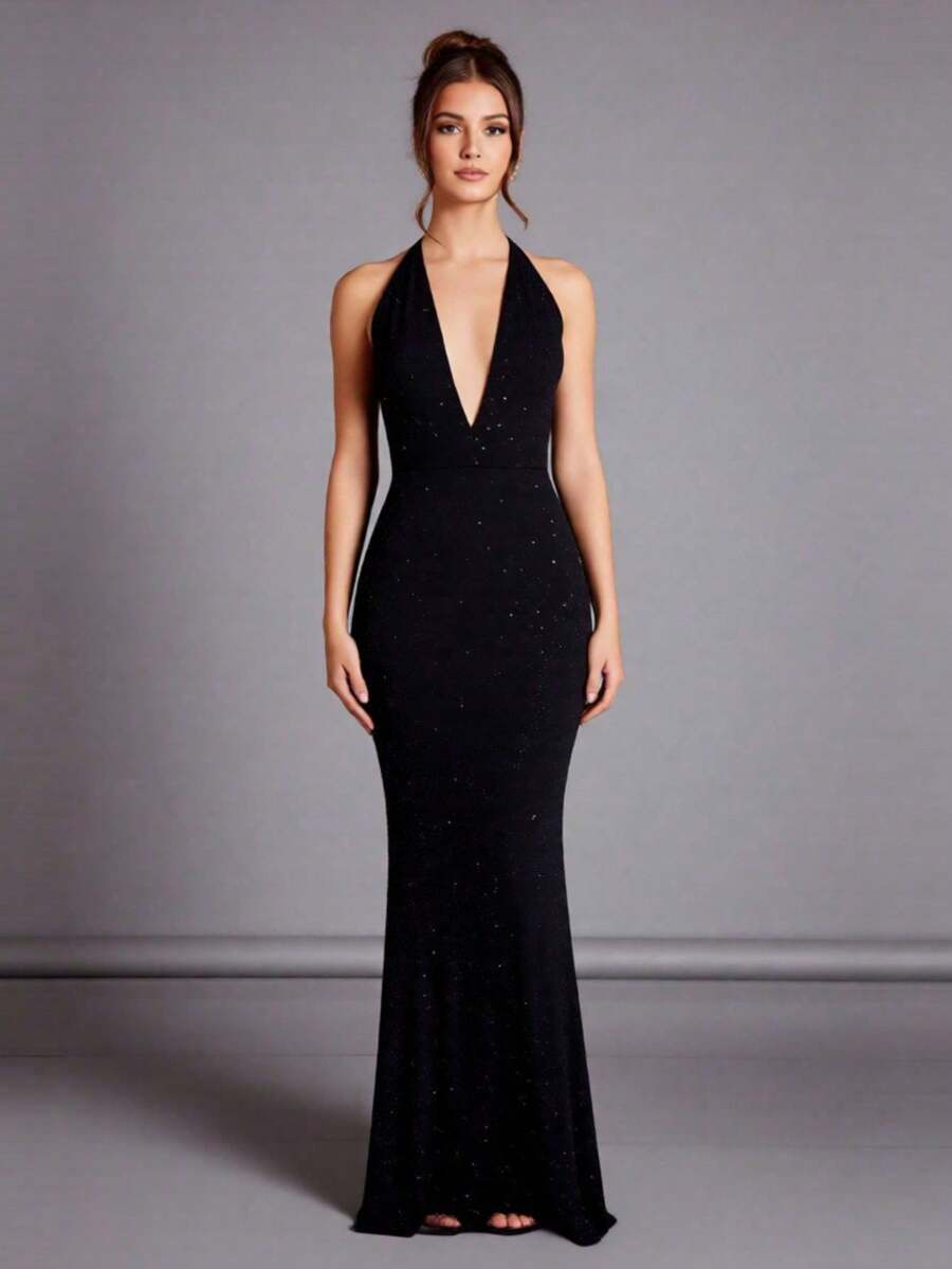 Rhinestone Embellished Floor Length Gown Sparkly Formal Dress For Red Carpet Evening Gown - Negro - Ver 1