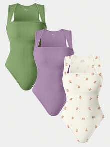 OQQ 3 Piece Bodysuits For Women Sexy Ribbed Strappy Square Neck Stretch Tank Tops Bodysuits - 酪梨綠,香芋紫,玫瑰米 - 查看 1