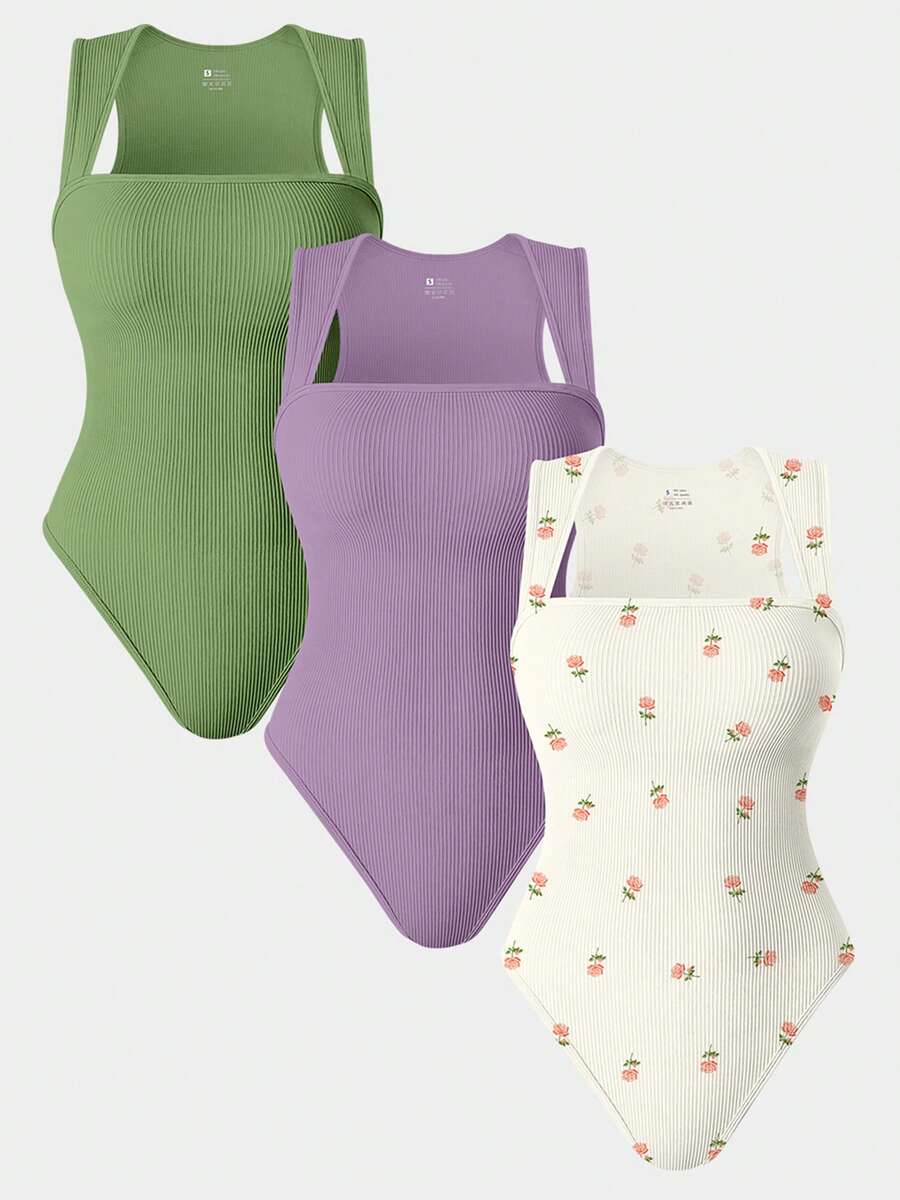OQQ 3 Piece Bodysuits For Women Sexy Ribbed Strappy Square Neck Stretch Tank Tops Bodysuits - 酪梨綠,香芋紫,玫瑰米 - 查看 1