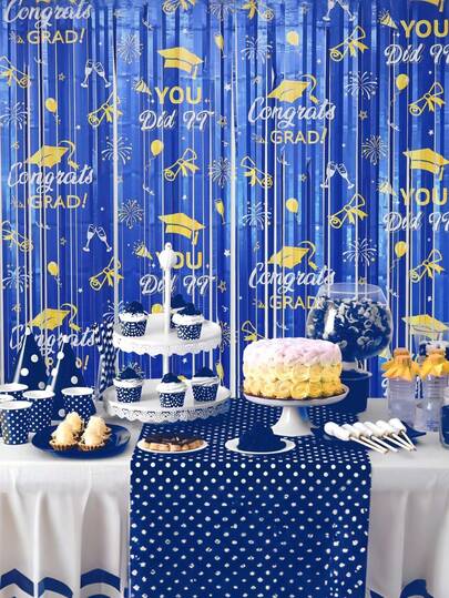 2pcs Blue & Gold Graduation Tassel Curtain, Graduation Cap Design 2026 Graduation Party Decor Metal Tassel Backdrop, Suitable For High School/College Graduation Ball, Graduation Season Home Decor