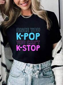 Camiseta feminina 100% algodão K-Pop, "Uma vez que você se apaixona por K-Pop, não consegue parar de ouvir música coreana", camiseta gola redonda, perfeita para o verão. - Preto - Ver 8