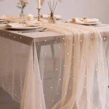 1 Stück Champagner Perle Tüll Tischläufer, weiches Polyester mit hübschen Perlen eingebettet, dekorativer Tischläufer und Stuhlrückenbezug, geeignet für Tischdekoration, Heimdekoration, Geschenkband, Dessertbuffet, Hochzeit - Champagnerfarben - Übersicht 4