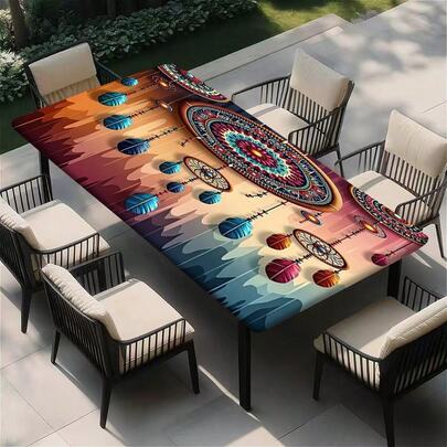 1pc Waterproof Outdoor Tablecloth With Elastic Edge - Ideal For Camping, Picnics And Garden Parties - Durable Polyester With Bohemian Style Printed Pattern, Suitable For Holiday Parties, Outdoor Decor, Dining Table Decor, Daily Decor