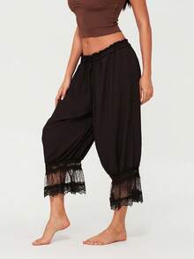 Womens Cropped Pants Loose Mid Rise Patchwork Lace Lantern Trousers Casual Streetwear - Black - View 3