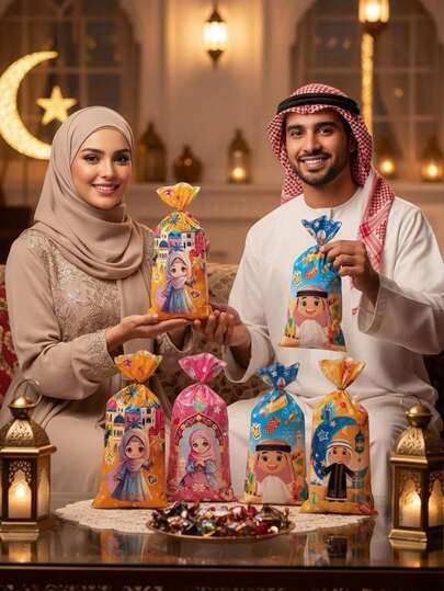 Creative Candy Packaging Bags, Gift Bags, Colorful Printed Cookie Bags, Suitable For Wedding Party Holiday Small Gift Packaging, Cartoon Arabic Style Food Packaging Bags