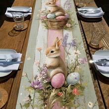 1pc Table Runner | Rabbit And Easter Eggs Design With Flowers, Soft Pastel Tone, Line, Perfect For Easter, Spring, Family Gathering, Party, Home, Restaurant, Cafe, Kitchen, Dining, Coffee, Buffet Tables, Event Styling, Banquet, Picnic, Holiday - Sprout Green - View 1