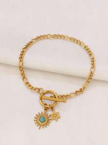 1 pieza Pulsera con colgante de sol de acero inoxidable para mujer, chapada en oro de 18K, pulsera de cadena de sol de turquesa natural vintage, regalo de joyería de moda - Pulsera - Ver 8