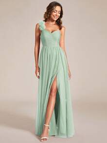 Spring One Shoulder Floral Applique High Slit Sheer Tulle Sage Green Bridesmaid Dress Elegant Wedding Guest Dress - Mint Green - View 5