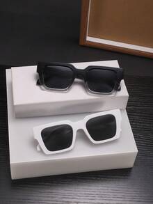 2 PCS Men's Polycarbonate Black Square Frame Round,Oval Solid Color Fashion Glasses For Outdoor Vacation With Glasses Box - Multicolor - View 10