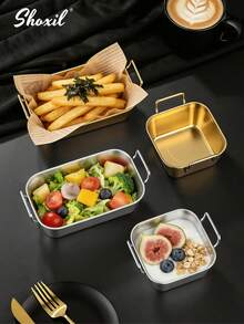 shoxil 1 pieza Bandeja rectangular de acero inoxidable con asas, adecuada para restaurante, sala de estar, cocina, fiesta, Eid - Bandeja (Plata) - Ver 3