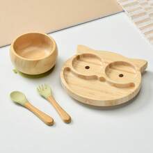 4pcs Baby Tableware Set, Including 1 Plate, 1 Bowl, 1 Spoon, 1 Fork, Cartoon Design With Anti-Slip Suction Cup, Infant Feeding Set, One Set Of Weaning Guidance Supplies - Green - View 6