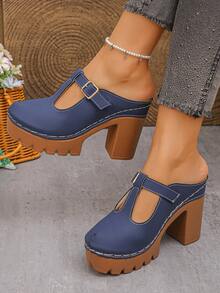 Giày sandal cao gót đế xuồng khoét lỗ, quai chữ T, kiểu dáng retro gợi cảm dành cho nữ, thích hợp mang hàng ngày vào mùa hè hoặc dự tiệc, màu xanh navy, mũi kín. Kích cỡ nhỏ hơn một size, nên đặt mua lớn hơn một size. - PU màu xanh hải quân - Xem 2