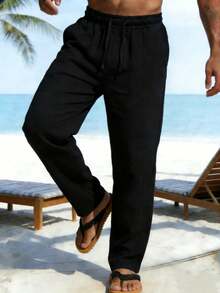Men's Casual Solid Color Straight Linen Pants, Black, Suitable For Spring/Autumn/Summer - Black - View 3