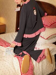 Disney 2pcs Snoopy Cartoon Print Cotton Long Sleeve Pajama Set For Women, Spring & Autumn - Grey - View 5