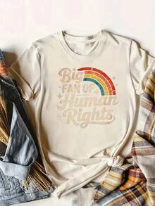 Women's Reading Rainbow Graphic Tee With Book Design Tee, Soft, Heavyweight, Fitted Fit, Print, Graphic, Design, Book, Rainbow Print, For Casual - 杏色-2 - 查看 1