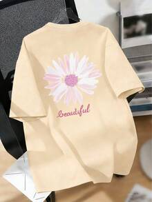 Tween Girl Floral Print Round Neck T-Shirt, Summer Top - Apricot - View 5
