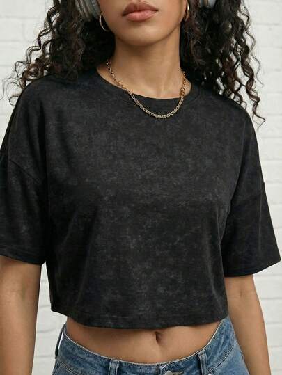 Camiseta de manga corta de corte holgado y corto, de cuello redondo, de estilo vintage y unicolor, con gran elasticidad, para primavera/verano